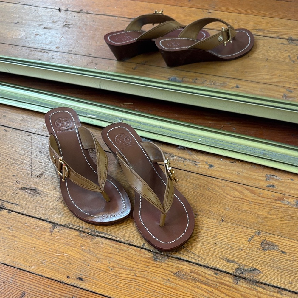 Tory Burch Tan Leather Wedge Sandals